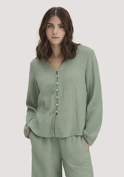 hessnatur hessnatur Musselin Bluse Relaxed aus reiner Bio-Baumwolle, Mattgrün, – Produktbild 1 von 4