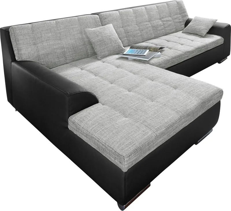 DOMO collection Ecksofa TREVISO viele Bezüge, auch in Cord, L-Form, 267x178 cm, mit Bettfunktion, inkl. Zierkissen, Unser Dauertiefpreis, Schwarz|silberfarben, – Produktbild 1 von 8