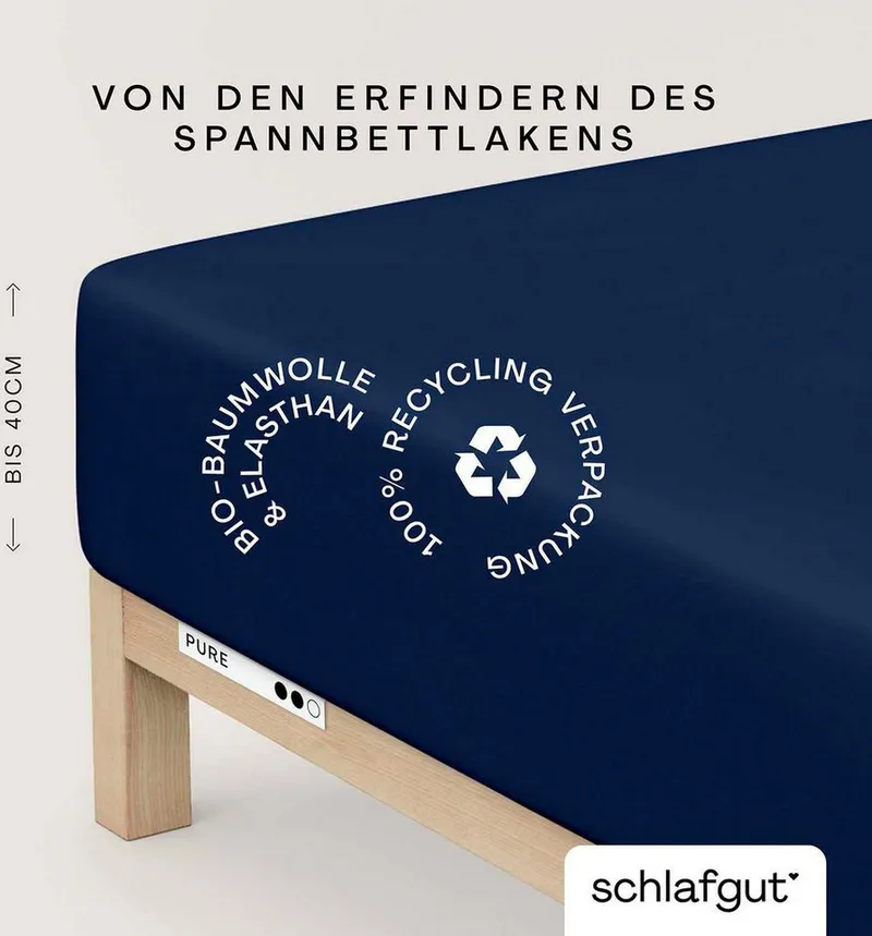 Schlafgut Schlafgut Spannbettlaken PURE BOXSPRING Bio-Baumwolle mit Elasthan, 170 g/m², Bettlaken, Jersey-Elasthan, Gummizug: rundum, (1 Stück), PREMIUM Boxspringbett Laken bis 40 cm Höhe, dehnbar blickdicht, straff, Blau, – Produktbild 2 von 5