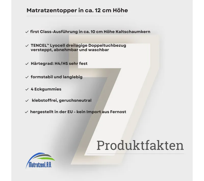 MatratzenL.A.B®, Topper TENCEL™ Lyocell Premium Bezug, H4/H5 sehr fest, 10 cm hoch, Kaltschaum, Matratzentopper ideal für Ihre Boxspringbett. klebstofffrei – Produktbild 3 von 5