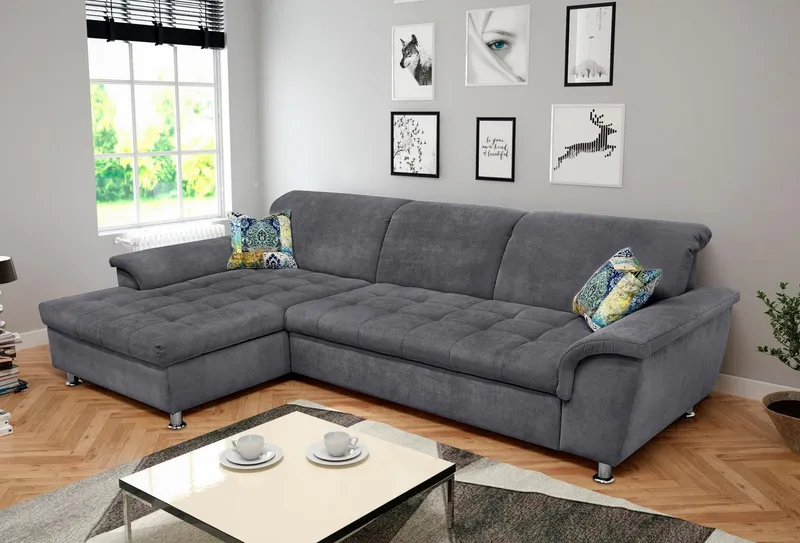 DOMO collection Ecksofa FRANZI 278x170x81 cm, Steppung im Sitzbereich, L-Form, wahlweise mit Bettfunktion, Bettkasten und Kopfteilverstellung, Grau, – Produktbild 2 von 8