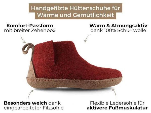 WoolFit WoolFit Yeti Filzboots hohe Hausschuhe mit Ledersohle, handgefilzt aus 100% Wolle, Dunkelrot, – Produktbild 3 von 4