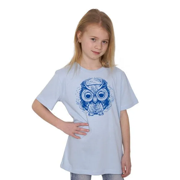 HANDGEDRUCKT HANDGEDRUCKT "Eule" Kinder-T-Shirt reine Biobaumwolle (kbA), Lightblue, – Produktbild 1 von 3