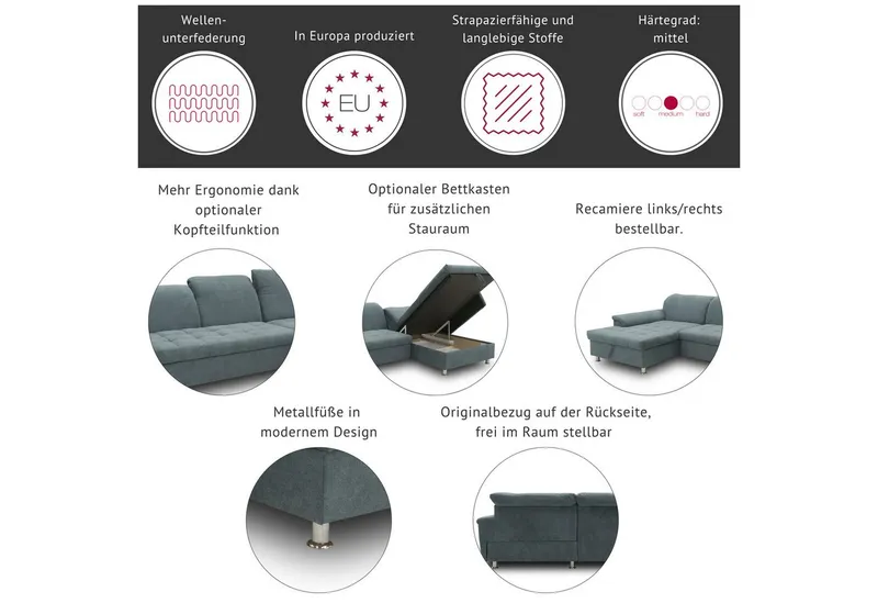 DOMO collection Ecksofa FRANZI 278x170x81 cm, Steppung im Sitzbereich, L-Form, ohne Funktion, Flachgewebe, Grau, – Produktbild 1 von 8