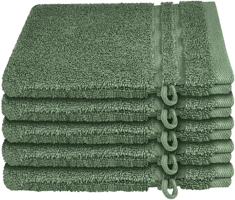 Schiesser Schiesser Waschhandschuh Milano Waschhandschuh-Set aus weicher Baumwolle in Frottier-Qualität, (5-St), mit Webbordüre, Grün, – Produktbild 1 von 6