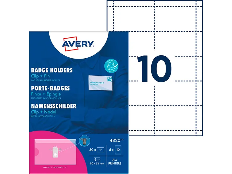 Avery Zweckform Avery Zweckform 50 Namensschilder mit Hülle, Clip+Pin, 90 x 54 mm – Produktbild 2 von 3
