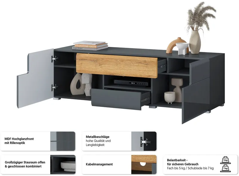 OTTO home Lowboard Toledo,Breite 159cm, trendige TV-Schrank mit dekorative Fräsungen, TV-Board ohne Beleuchtung, TV-Kommode mit viel Stauraum, Schwarz, – Produktbild 3 von 5