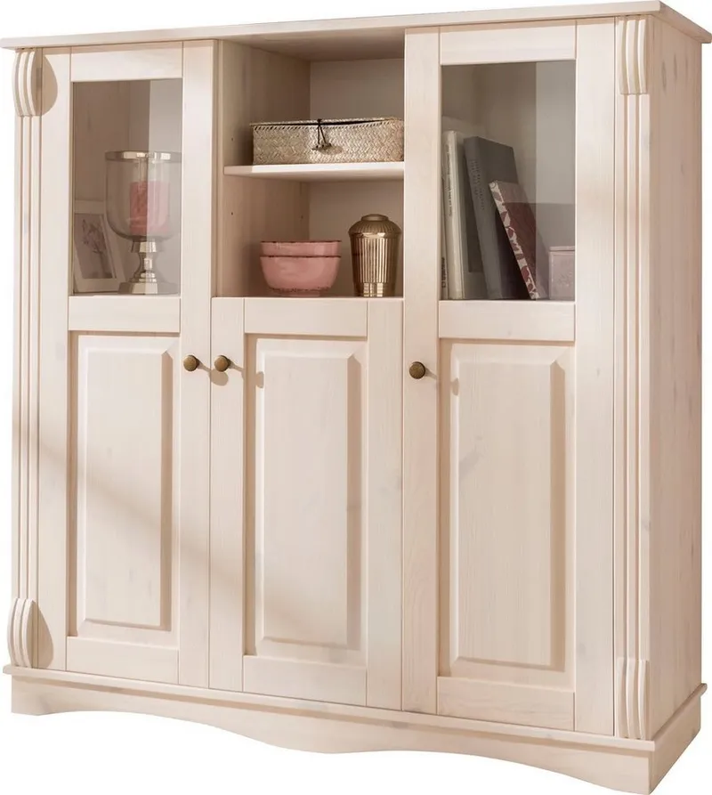 OTTO home Highboard Teresa (Maße (B/T/H): 119/40/120 cm), Vitrine, Türen mit Glaseinsätzen, aus massiver Kiefer, FSC®, Weiß, – Produktbild 2 von 5