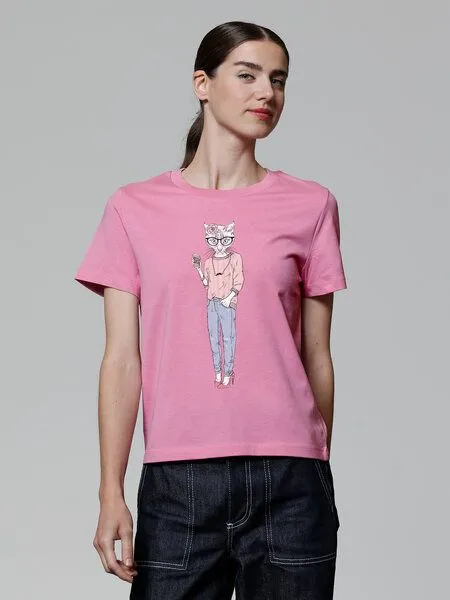 watapparel watapparel T-Shirt Frauen Hipster Cat with Moustache, Bubble pink, – Produktbild 2 von 3