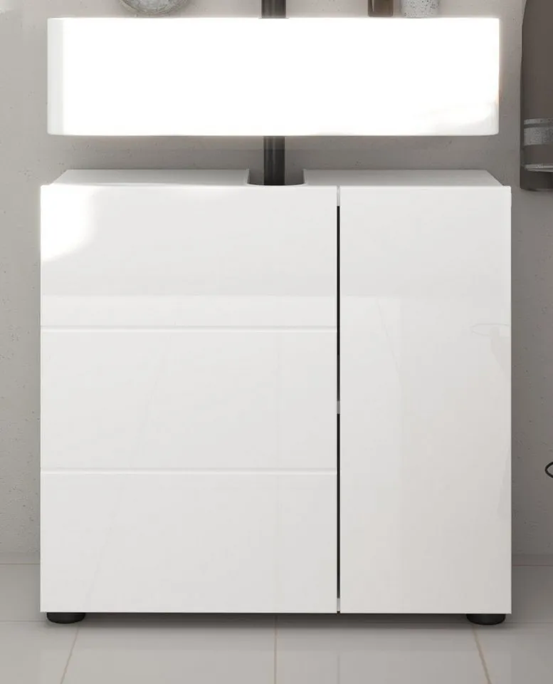 Inn.Furn Waschbeckenunterschrank Larik (Badschrank in weiß Hochglanz, 2-türig, 60 x 56 cm) mit Stauraum, Weiß, – Produktbild 2 von 5