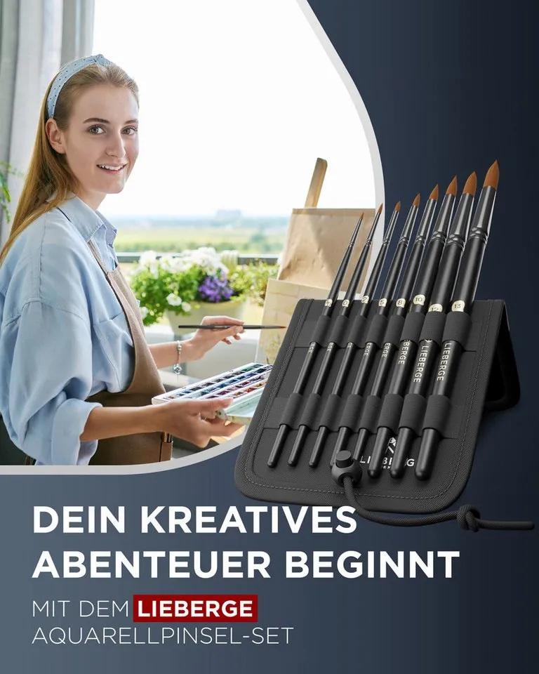 LIEBERGE Malpinsel Premium Set Aquarell – 8 Aquarelllpinsel, inkl. Präsenter, (Set, 8 St., Rundpinsel, Pinselpräsenter, Pinselständer), Synthetikhaar, vegan, langlabig, hohe Farbaufnahme, Anfänger, Profis, Schwarz, – Produktbild 2 von 5