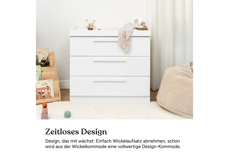Ehrenkind Wickelkommode Linia mit abnehmbarem Wickelaufsatz aus Kiefer, 3 Schubladen + Regal, made in Europe, Weiß, – Produktbild 2 von 5