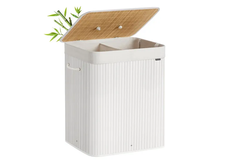 SONGMICS SONGMICS Wäschekorb mit Deckel, Wäschesammler aus Bambus, faltbar, für Waschküche, 2 Fächer, 120 Liter, Wäschesack herausnehmbar, 50 x 40 x 61 cm, Weiß, – Produktbild 1 von 5
