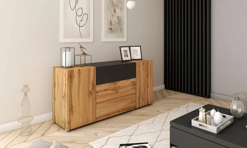 Home affaire Sideboard BERLIN, Moderne grifflose Kommode Breite 150 cm, 4 Schubkästen/ 2 Türen, Beige|schwarz, – Produktbild 3 von 5