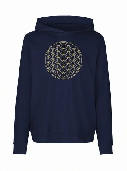 Peaces.bio - handbedruckte Biomode Peaces.bio - handbedruckte Biomode Damen Jersey-Hoodie Die Blume des Lebens, Navy, – Produktbild 1 von 1
