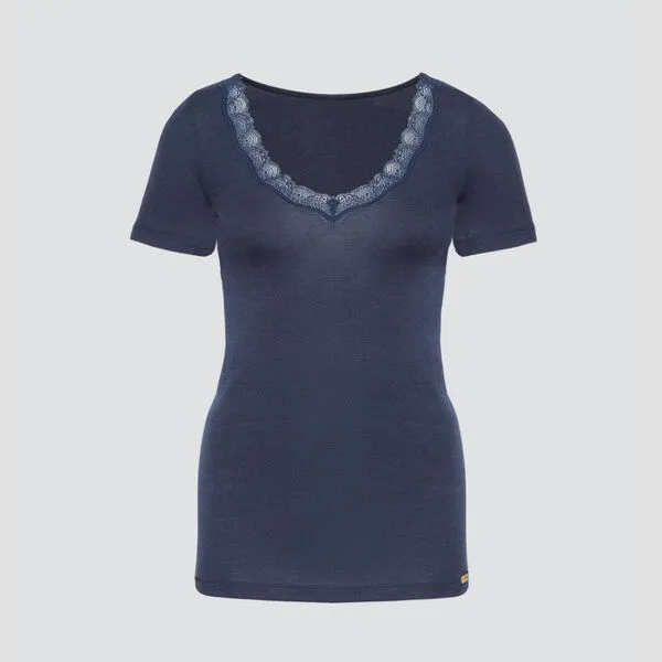comazo|earth comazo|earth Wolle-Seide Shirt kurzarm mit V-Ausschnitt | GOTS zertifiziert, Dunkelblau, – Produktbild 4 von 4