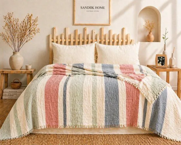 Sandiik Sandiik Musselin-Tagesdecke „Pastell Stripe – 200 x 230 cm aus Bio-Baumwolle, Pastellflieder, – Produktbild 3 von 4