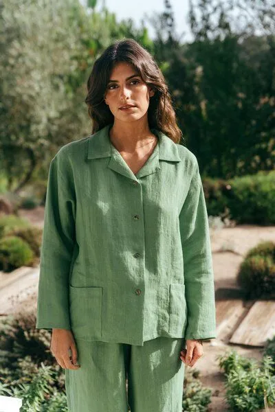 AmourLinen AmourLinen Langarm-Pyjama-Set Snooze, Matcha grün, – Produktbild 3 von 4