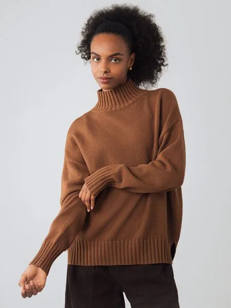 Honest Basics Honest Basics Damen Mock-Pullover aus Bio-Baumwolle, Toffee, – Produktbild 2 von 4
