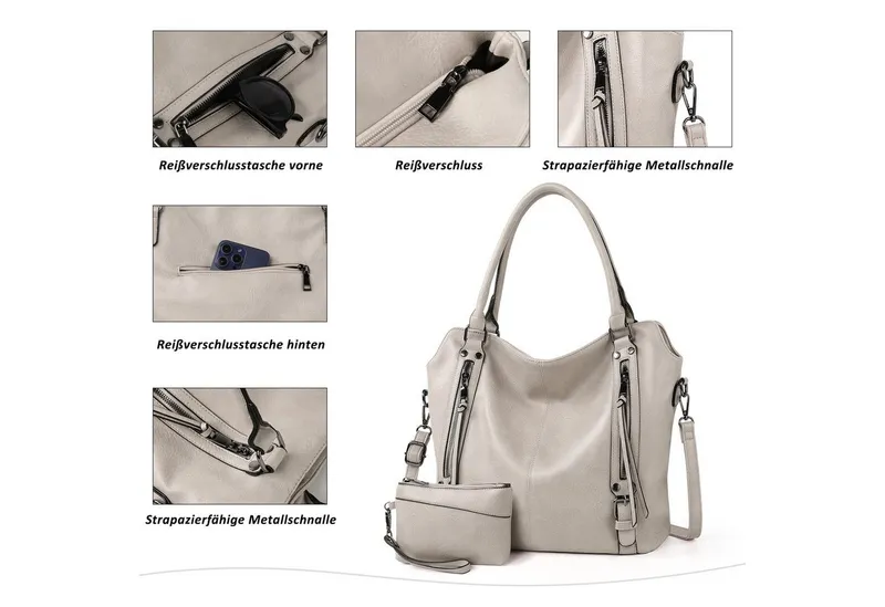 TANTOMI Handtasche Damen Schultertasche Groß Shopper Vegan Handtasche, Handtaschen Umhängetasche Geldbörse Damen Taschen 2-Tlg, Grau, – Produktbild 4 von 5