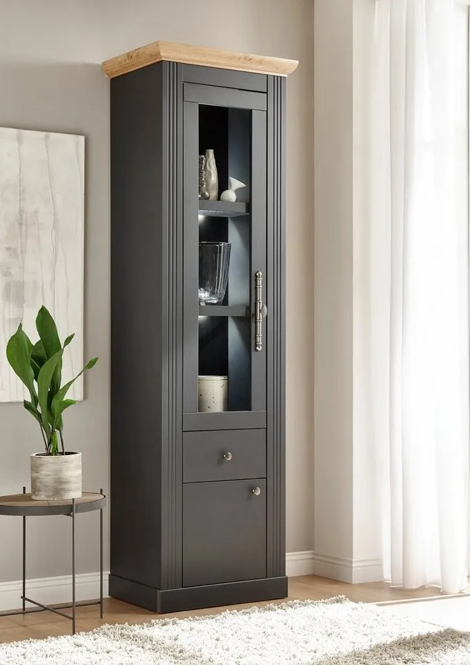 OTTO home Vitrine Westminster, Hochschrank im Landhausstil, Glasvitrine, Stauraumelement Metallgriffe, ausreichend Stauraum, in 2 Farben erhältlich, Grau, – Produktbild 6 von 8