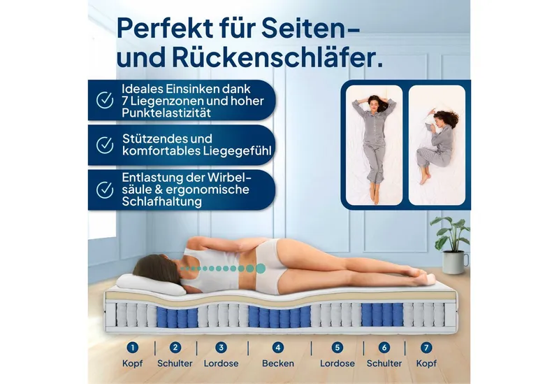 Taschenfederkernmatratze 7-Zonen Federkernmatratze mit Latex, Premium Latex-Matratze, Langlebig, AM Qualitätsmatratzen, 24 cm hoch, 90x200 cm – Produktbild 2 von 5