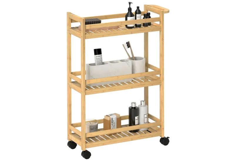 HOMCOM HOMCOM Servierwagen Küchenwagen mit 3 Ebenen, Rollen, Griff aus Bambus Rollwagen, (Aufbewahrungswagen, 1 St., Küchenwagen), für Büro, Wohnzimmer, Küche, 55 x 20 x 75 cm, Beige, – Produktbild 2 von 5