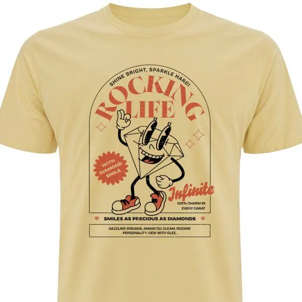 Spreecult Spreecult Rocking Life - Bio und Fair - Männer Unisex T-Shirt - Fun Retro 70er 60er, Butter gelb, – Produktbild 1 von 3