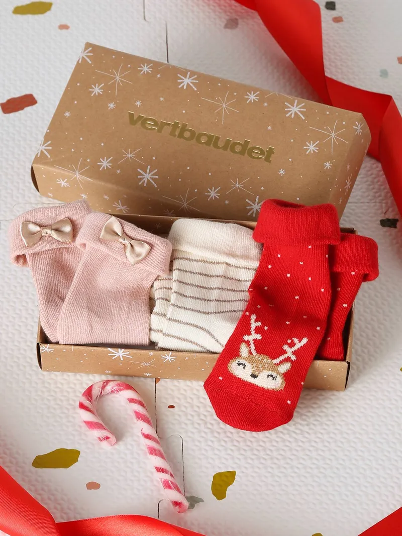 Vertbaudet 3er-Pack Baby Weihnachts-Socken im Geschenkkarton pudrig, Pudrig rosa, – Produktbild 1 von 4