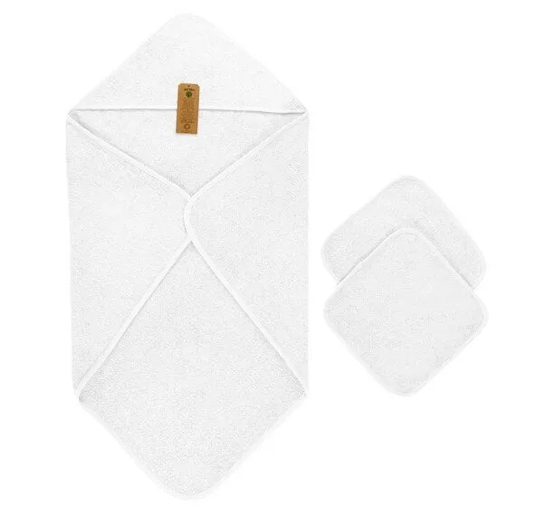 Arus Arus Baby-Kapuzenhandtuch mit 2 Baby-Waschlappen 100% Bio-Baumwolle, Weiß, – Produktbild 1 von 3