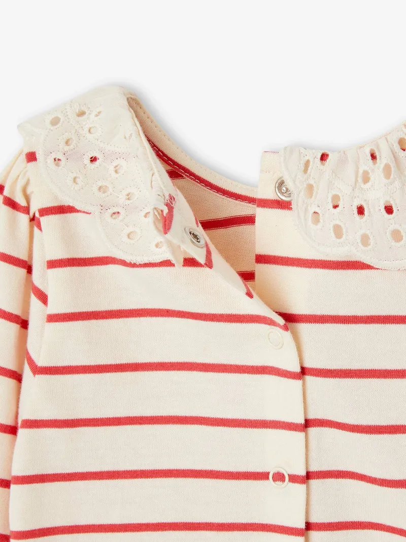 Vertbaudet Baby Shirt Kragen mit Lochstickerei, Rot gestreift, – Produktbild 3 von 3