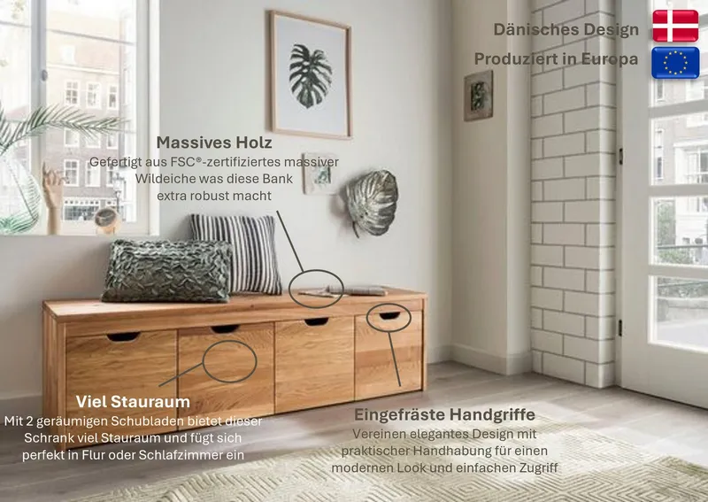 Home affaire Schuhbank Dura Schuhbank incl. Schubladen funktionell und stabil, Massivholz, Skandinavisches Design, Robust, stabil, FSC zertifiziert, Beige, – Produktbild 2 von 8