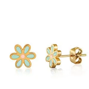ELEKTROPULLI Flower Power Blumen Ohrstecker in 8mm x 7mm von Elektropulli, Gold / türkis, – Produktbild 1 von 1