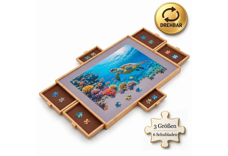 Kubus Puzzleunterlage Harrison drehbares Puzzletisch aus MDF Bambus mit 4 oder 6 Schubladen, (Einzelartikel, 2000-tlg., 1-teilig), Schubladen einzeln herausziehbar, für 1000 bis 2000 Puzzleteile, Holzoptik - 6 schubladen, – Produktbild 4 von 4
