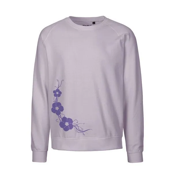 HANDGEDRUCKT HANDGEDRUCKT "Hibisken" Unisex Sweatshirt aus reiner Biobaumwolle (kbA), Dustypurple, – Produktbild 1 von 3
