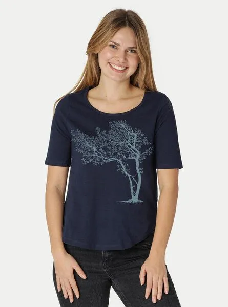 Peaces.bio - handbedruckte Biomode Peaces.bio - handbedruckte Biomode Damen Halbarm-Shirt Fancy Tree, Blau, – Produktbild 1 von 2