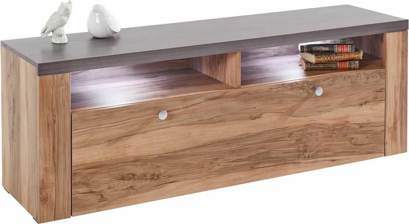 OTTO home Lowboard Larona, zeitloses TV Board mit 1 Klappe und 2 offenen Fächern, Breite 140 cm, Fernsehbank, viel Stauraum, dekorative Rahmenoptik, Braun, – Produktbild 2 von 8