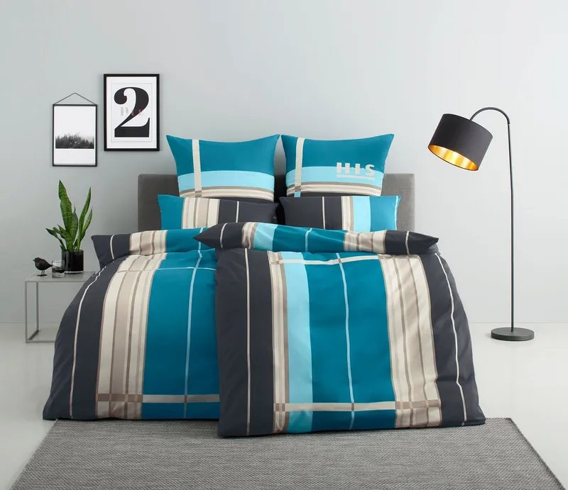 OTTO home Bettwäsche Golfi in Gr. 135x200 oder 155x220 cm, Linon, 2 teilig, sportliche Streifen Bettwäsche aus Baumwolle, Marke H.I.S by OTTO home, Blau, – Produktbild 1 von 5