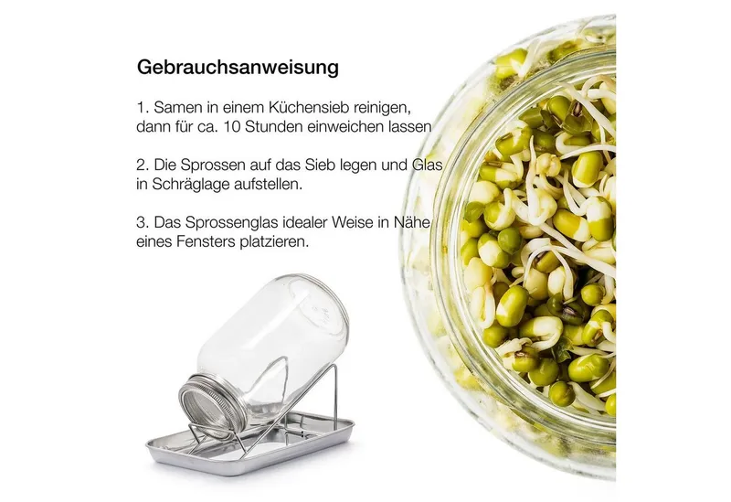 BigDean Anzuchttopf Sprossenglas Keimglas 1000ml mit Edelstahl-Gitterdeckel + Ständer (Set, 1 St., Sprossengläser), Sprossenglas, Leichte Anwendung, Gesunde Ernährung, Einfache Reinigung, Silberfarben|weiß, – Produktbild 5 von 5