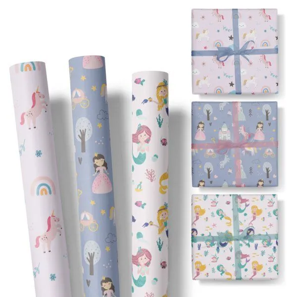 Fines Papeterie Fines Papeterie 3x 3m Geschenkpapier Set für Kinder Märchen Set 3 mit Prinzessin, Meerjungfrau, Einhorn 3 Rollen je 300x47 cm – Produktbild 1 von 4
