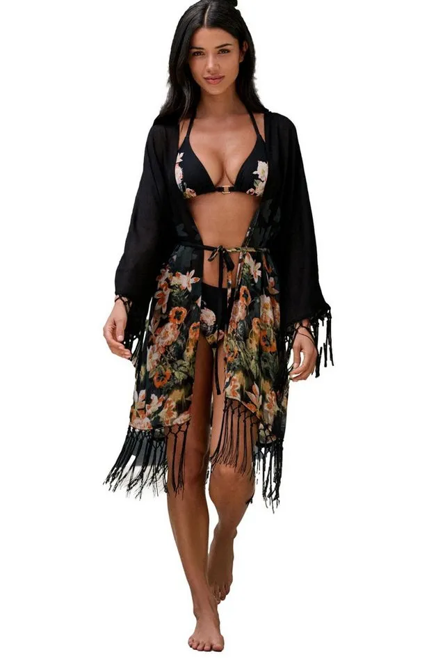 B by Ted Baker Kimono B by Ted Baker Kimono mit Fransen und Koi-Motiv, Viskose (LENZING™ ECOVERO), Schwarz, – Produktbild 1 von 5