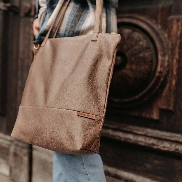 BOWLEANIES TASCHEN BOWLEANIES TASCHEN Shopper & Umhängetasche aus Lederfaserstoff mit Reißverschluss, Hellbraun, – Produktbild 1 von 4
