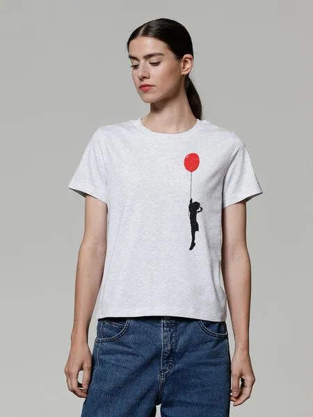watapparel watapparel T-Shirt Frauen Mädchen mit Luftballon (print), Cool heather grey, – Produktbild 2 von 4