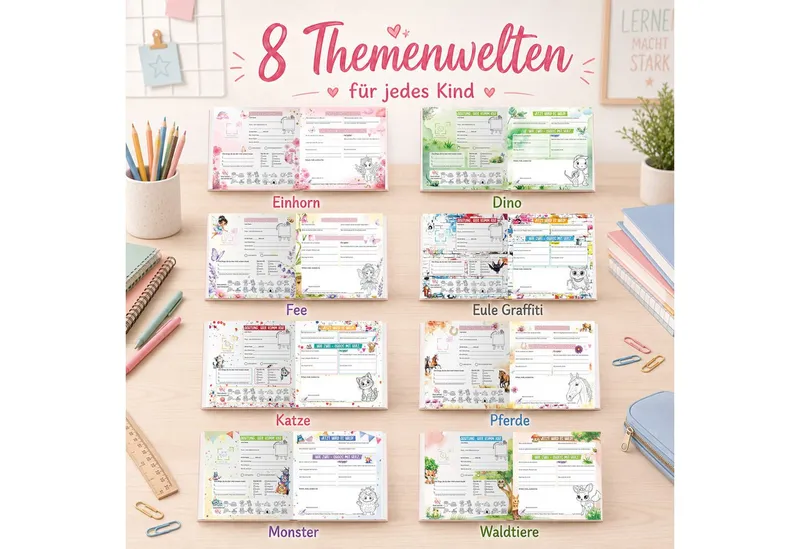 TOBJA Poesiealbum Freundebuch Grundschule Einhorn 21x21 cm - 32 Freunde, 9 Erwachsene, Einhorn-Motiv, 92 Seiten, 30 Doppelseiten, FSC®-Papier – Produktbild 5 von 5