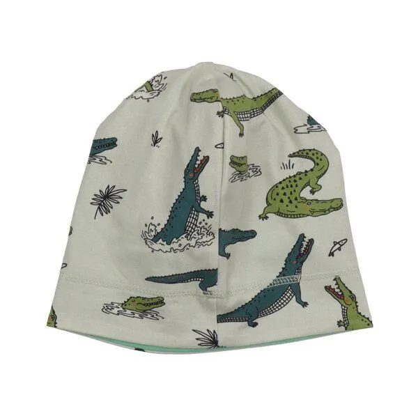 Walkiddy Kleinkinder Beanie GOTS zertifiziert, Bio-Baumwolle, grau, Krokodil-Print, weich & elastisch – Walkiddy, Blau, – Produktbild 3 von 3