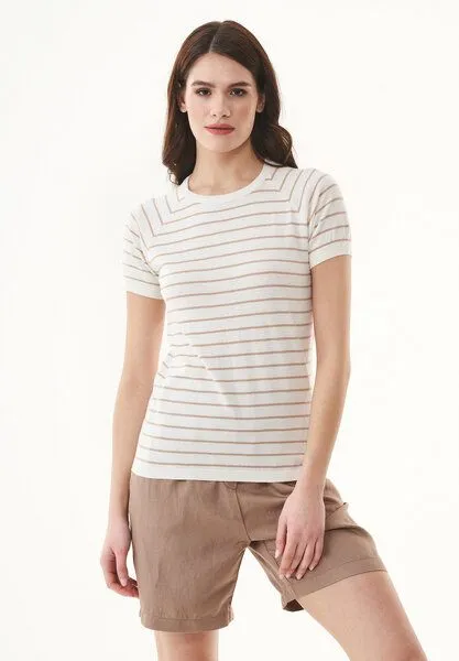 ORGANICATION ORGANICATION Feinstrick-T-Shirt aus Bio-Baumwolle mit Streifen, Off white/beige, – Produktbild 1 von 4