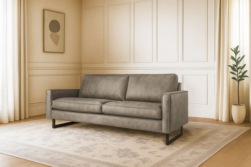 OTTO home 3-Sitzer Pinto, 206 cm, Cord, Chenille, Lederoptik, mit Keder, schwarze Metallfüße, Wellenunterfederung, Grau, – Produktbild 2 von 8
