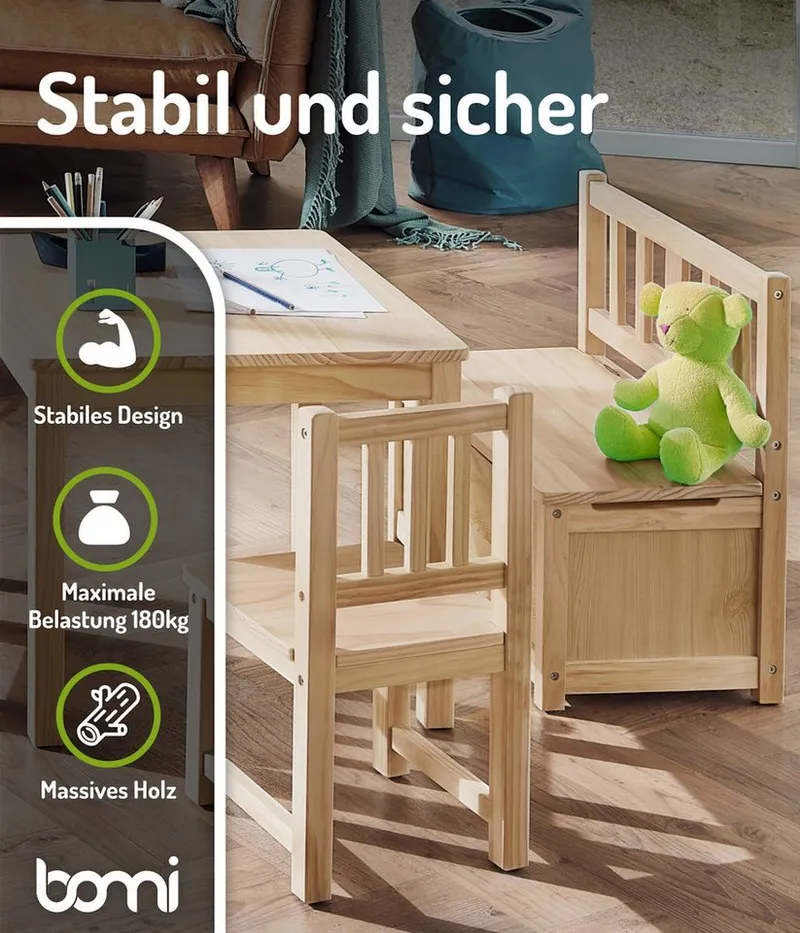 bomi bomi Kindersitzgruppe Holzsitzgruppe Anna, (Set, 4-tlg., 1x Tisch, 1x Truhenbank & 2x Stühle), Kindertischgruppe aus Holz, als Spiel- & Maltisch, Beige, – Produktbild 8 von 8