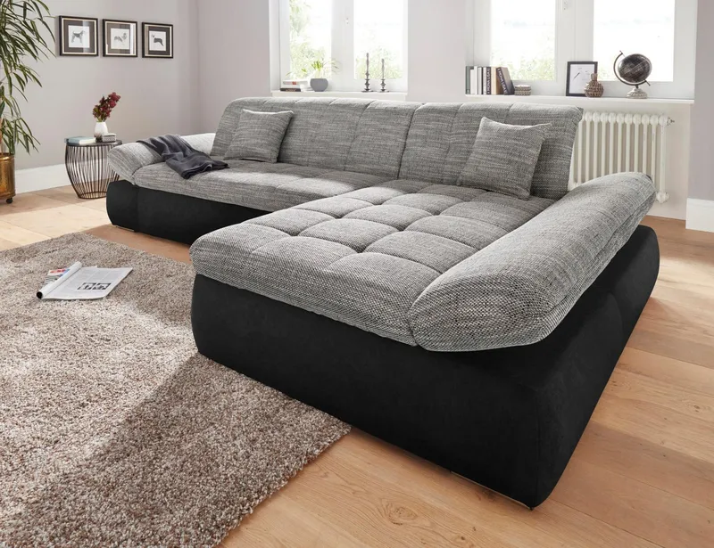DOMO collection Ecksofa PB MORIC wahlweise mit Bettfunktion + Armteilverstellung, L-Form, im XXL-Format, B/T/H:300/172/80 cm, feine Steppung, Grau|schwarz, – Produktbild 1 von 8