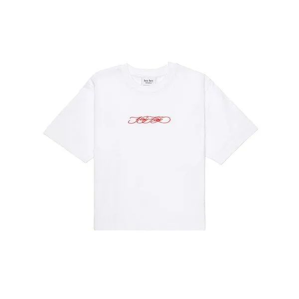 hey hey studios hey hey studios Damen Cropped T-Shirt „Script“ handgekürzt aus Bio-Baumwolle, Weiß, – Produktbild 3 von 3